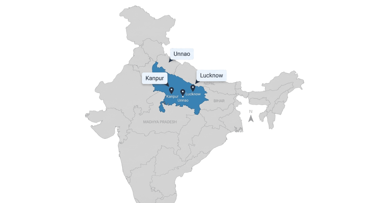 Map of India highlighting Bhaada coverage in Kanpur, Lucknow, and Unnao